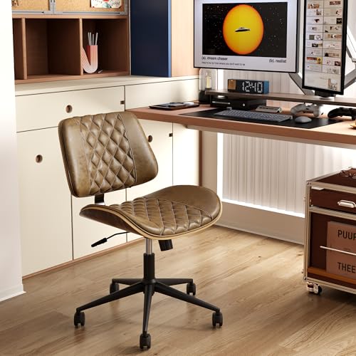 Home Office Chair No Arms with Wheels, Armless Adjustable Height Small Desk Chair, Armless PU Leather Computer Chair Mid Back 360 Swivel, Modern Walnut, Reading Meeting Room (Brown) - color: Brown