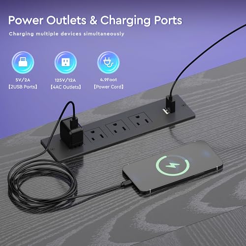 L Shaped Gaming Desk, Reversible with LED Lights, Shelves, Charging, Black | Reversible, LED lights, Charging, Monitor stand - color: Black