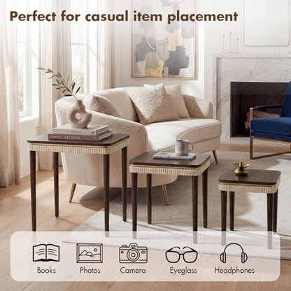 Hyfirm Walnut Side Table End Table Nesting Tables Set of 3, Retro Nesting Tables with Veneered Top & Gold Trim, Mid Century Modern Nesting Wood Coffee Tables for Living Room/Bedroom/Apartment - color: Walnut Top+ivory Apron
