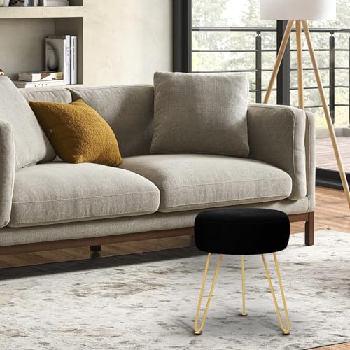 GERANT Multifunctional Vanity Stools - Velvet Round Ottoman Modern Dressing Stool -Upholstered Footrest Stool - Side Table Footstool with Golden Metal Leg for Living Room, Bedroom (Black) - color: Black