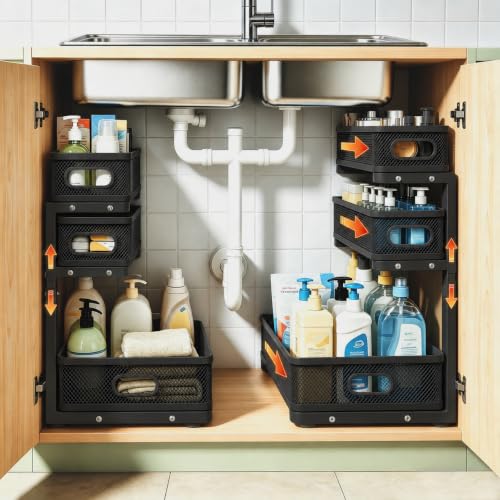 2 Pack 3 Tier Under Sink Organizer with Pull Out Drawer, Height Adjustable Heavy Duty Metal Under Cabinet Organizer, Smooth Sliding Storage Shelf for Kitchen, Bathroom Cabinet Organization, Black - color: Black, size: 2 Pack