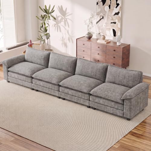 Homall 158.6" Cloud Couch, Modular Sectional Sofa, Light Grey | Comfy Chenille, Double Layer Cushions, 4 Seat, Sturdy Frame, High-Density Foam, Easy Assembly, Oversized Sofa for Living Room - color: Light Grey, size: Linear Sofa