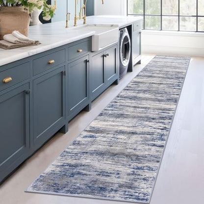 KOZYFLY Modern Abstract Hallway Runner, 2x12 Washable Rug Runner Non-Slip Soft Striped Kitchen Runner Rug, Grey Blue Print Carpet for Entryway Bathroom Laundry Room Foyer - color: Blue-grey, size: 2' x 12' (Runner)