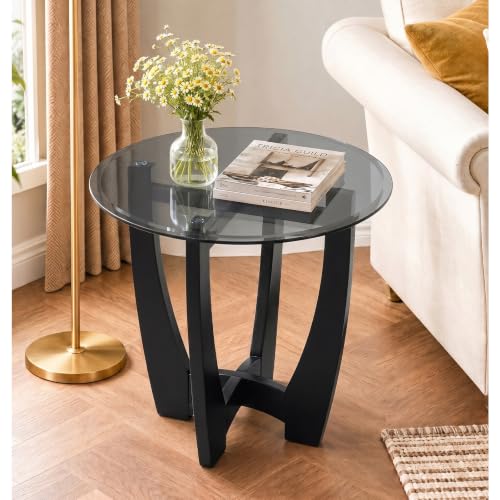 Glass End Table, 23.5" Round Side Tables with Black Tempered Glass Top Cross and Solid Wood Base Small Night Stand for Living Room Office Apartment Black - color: D-3, size: Round