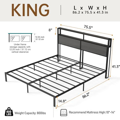 RVONOW King Size Bed Frame with 2-Tier Storage Headboard, Dark Grey | Wooden headboard with LED lights, built-in charging station, No Box Spring Needed, Noise Free, Easy Assembly, Modern Bedroom - color: Dark Grey, size: King