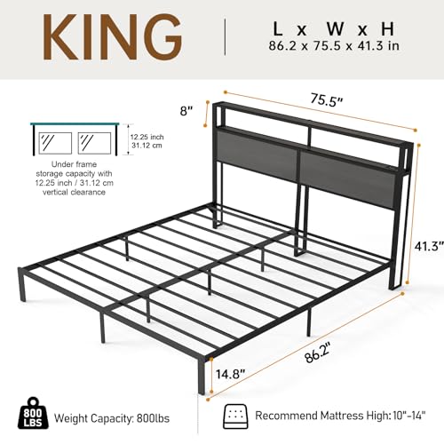 RVONOW King Size Bed Frame with 2-Tier Storage Headboard, Dark Grey | Wooden headboard with LED lights, built-in charging station, No Box Spring Needed, Noise Free, Easy Assembly, Modern Bedroom - color: Dark Grey, size: King