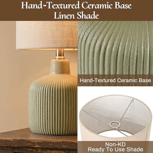 Ceramic Table Lamp, Oliver Green, 17.75" | Beige Linen Shade, Warm Ambient Lighting, Bedside Nightstand, Natural - color: Green