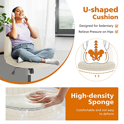 Sweetcrispy Criss Cross Chair, Armless Office Desk Chair | Height Adjustable, Wide Seat, Cute Comfy Fabric, Task Seating, No Wheels, Home Bedroom Vanity, Beige