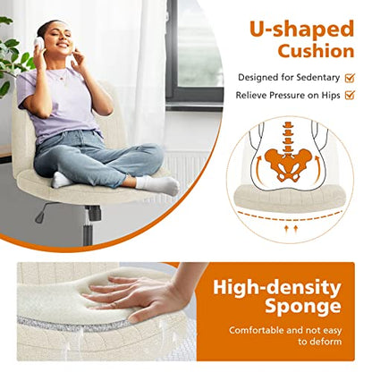 Sweetcrispy Criss Cross Chair, Armless Office Desk Chair | Height Adjustable, Wide Seat, Cute Comfy Fabric, Task Seating, No Wheels, Home Bedroom Vanity, Beige