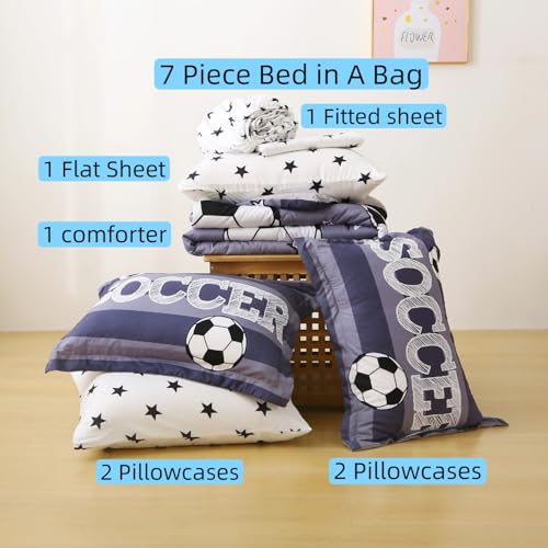 Boys Sports 7 Piece Soccer Comforter Set Twin Size 3D Football Playground Bedding Set for Kids Bed Set Gray(Comforter,Flat Sheet,Fitted Sheet and Pillow Sham) - color: Grey Soccer, size: Twin