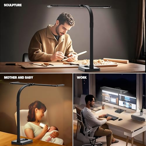 LED Desk Lamp for Home Office - 24W Bright Double Head Desk Light with Clamp Eye Caring Architect Task Light 25 Lighting Modes Adjustable Flexible Gooseneck Lamp (All Black) - color: All Black
