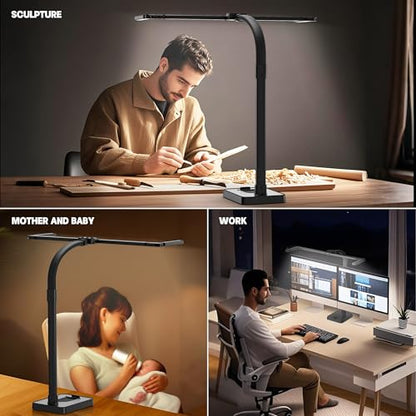 LED Desk Lamp for Home Office - 24W Bright Double Head Desk Light with Clamp Eye Caring Architect Task Light 25 Lighting Modes Adjustable Flexible Gooseneck Lamp (All Black) - color: All Black