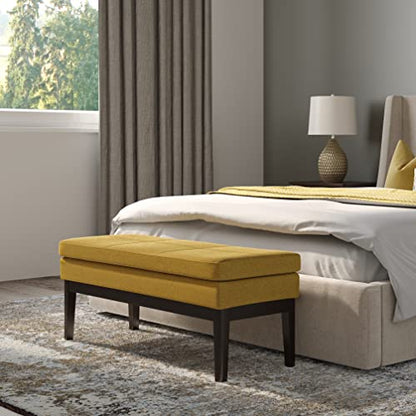 SIMPLIHOME Carlson 45" Wide Vegan Leather Rectangle Ottoman in Marigold | Mid-century modern ottoman bench with a padded seat; perfect footstool, footrest or pouf for bedroom or entryway. - color: Marigold, style: Ottoman Bench