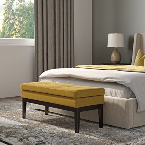 SIMPLIHOME Carlson 45" Wide Vegan Leather Rectangle Ottoman in Marigold | Mid-century modern ottoman bench with a padded seat; perfect footstool, footrest or pouf for bedroom or entryway. - color: Marigold, style: Ottoman Bench