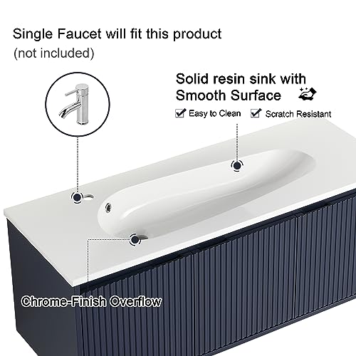 Malwee 48 Inch Floating Bathroom Vanity with Waterdrop Resin Sink, 3 Doors, Navy Blue