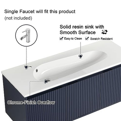 Malwee 48 Inch Floating Bathroom Vanity with Waterdrop Resin Sink, 3 Doors, Navy Blue