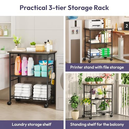 SWTYMIKI Rolling Kitchen Microwave Cart - 3 Tier Microwave Table Stand with Storage Basket and Hooks, Kitchen Utility Cart on Wheels, Coffee Cart Shelf Rack Organizer for Living Room Office, Balcony - color: Grey
