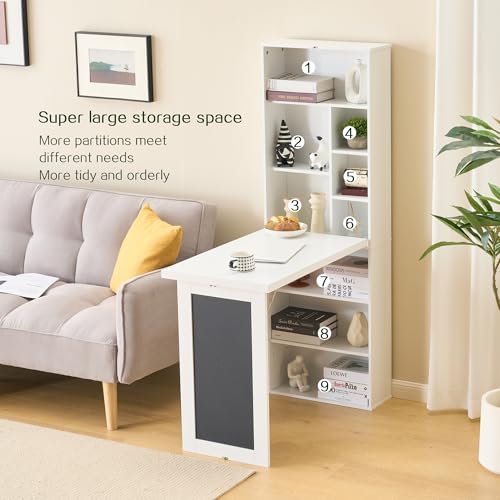 Folding Desk with Storage,Fold Out Convertible Wall Mounted Table,White | Space-Saving,Foldable Desk with Blackboard and Shelves, Multi-Function Desk Cabinet , Murphy Desk Home Office Workstation - color: White