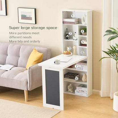 Folding Desk with Storage,Fold Out Convertible Wall Mounted Table,White | Space-Saving,Foldable Desk with Blackboard and Shelves, Multi-Function Desk Cabinet , Murphy Desk Home Office Workstation - color: White