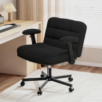 DurayLoly Criss Cross Office Chair with Flip-up Arm & Wheels | 360° Swivel,Plush Teddy Fabric Cross Legged Chair ,Adjustable Height for Home Office,Study, Gaming, Vanity,White - color: Black