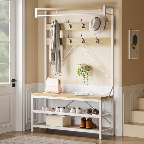Takywep 72" Coat Rack Shoe Bench, Industrial Hall Tree Storage Bench for Entryway, Wood Look Accent Large Shoe Rack with Storage Shelf Hanging Bar and 8 Hooks - color: White