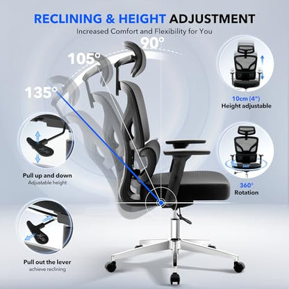 Ergonomic Office Chair Mesh – Adjustable Lumbar 3D Armrests High-Back Desk | Breathable Mesh Backrest; Seat Height & Tilt-Angle Adjustment; Smooth-Rolling Casters; Easy To Assembly, For Home, Office - color: Black-d1