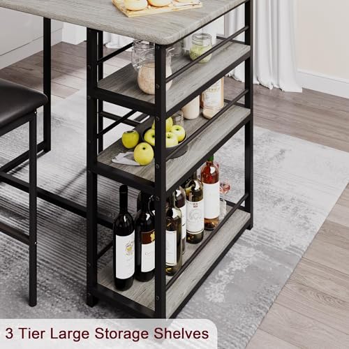 Dining Table Set for 2, 3-Piece Bar Table Set with 2 Stools, Space-Saving Counter Height Dining Set with 3-Tier Storage Shelves for Small Kitchens, Apartments, Breakfast Nooks - color: Grey