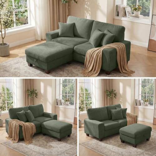 DOPEDIO 88.58" L-Shaped Sectional Couch with Storage Ottoman, Green | L-shaped sectional sofa with storage ottoman, chenille fabric, washable covers, pocket spring cushions, easy assembly - size: 88.58 inch-L, style: Green Chenille