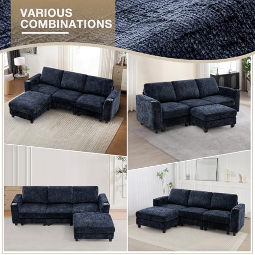 87" Chenille L-Shape Sectional Sofa with Cup Holders, Blue | Convertible 3 Seater Couch with Removable Ottoman, Upholstered Sofa with Thickened Seat Cushion for Living Room, House - color: Blue, size: 87" L-Shape