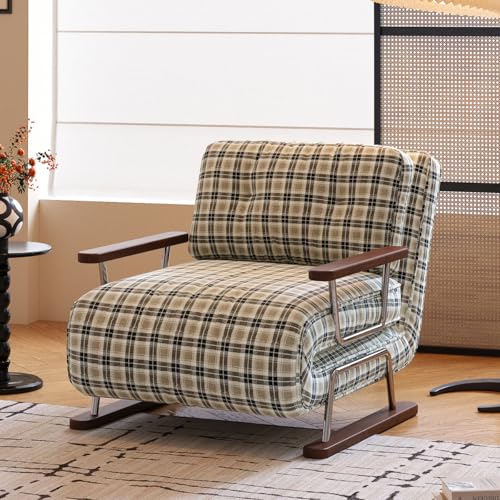 JASIWAY Single 3 in 1 Convertible Sofa Bed Chair with Adjustable Backrest, Checkered Fold Out Chair Bed with Pillow Fits for Small Space, Living Room, Bedroom, Ergonomic Comfort, Chestnut Brown