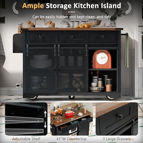 53.7" Kitchen Island with Drop Leaf & Power Outlet, Rolling Kitchen Island Cart On Wheels with 2 Sliding Barn Door, Kitchen Island Table with Storage, for Kitchen, Dining Room (Black) - color: Black