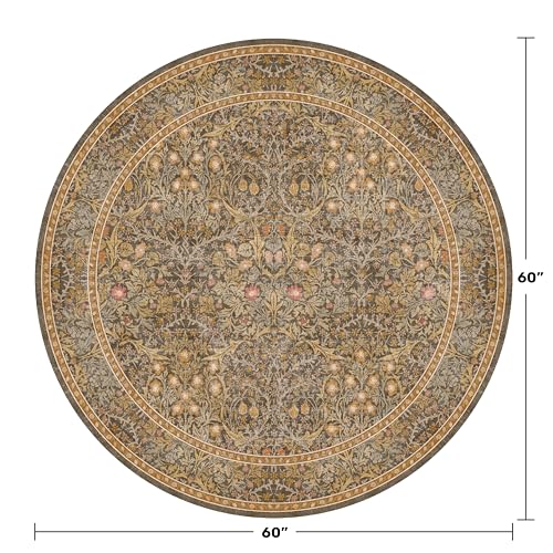 Gold Brown 5ft Throw Rugs for Living Room, Washable Low Pile Soft Round Rug for Bedroom Beside Bed, Vintage Botanical Floral Design, Non Slip Stain Resistant Carpet - color: Gold Brown, size: 5' (Round)