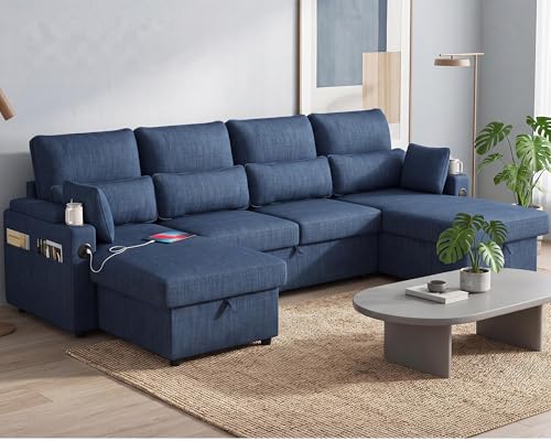 U-Sofa Bed Sleeper Pull Out with Storage Function and Two USB Ports and Cup Holder, Perfect for Small Space Modern Convertible Sofa Bed Living Room, Apartment Living Room - color: Blue, size: 104.7'' U shape sofa