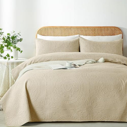 WURUIBO Twin Quilt Set Beige,Ultrasonic Embossed Bedspread, Lightweight Microfiber Coverlet, Modern Thin Bedding Set for All Season, 2 Piece(1 Quilt,1 Pillow Shams) - color: Beige, size: Twin(68"x88")