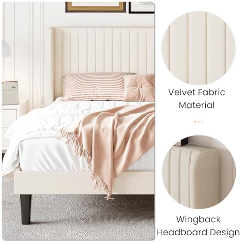 SHA CERLIN Queen Size Velvet Bed Frame, Tufted Wingback Headboard, Cream | 47'' Modern Vertical Channel Headboard, Upholstered Platform Bed, Wood Slats, No Box Spring Needed, Easy Assembly, Noise Free - color: Cream White, size: Queen