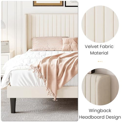 SHA CERLIN Queen Size Velvet Bed Frame, Tufted Wingback Headboard, Cream | 47'' Modern Vertical Channel Headboard, Upholstered Platform Bed, Wood Slats, No Box Spring Needed, Easy Assembly, Noise Free - color: Cream White, size: Queen