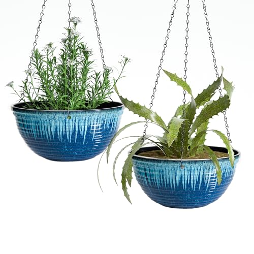 Vanslogreen 12 inch Hanging Planters for Indoor Outdoor Plants, 2 Pack Large Hanging Flower Pots with Drainage Holes and Chain, Glazed Hanging Baskets for Home Garden Decoration (Blue Flow Glaze) - color: Blue Flow Glaze, size: 12inch