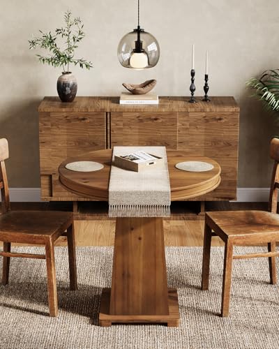 LITTLE TREE Solid Wood Round Dining Table, 31.5" Small Kitchen Table for 2, Modern Farmhouse Dinner Table for Dining Room, Kitchen, Living Room, Artistic Geometric Base, Table Only (Rustic Brown) - color: Rustic Brown