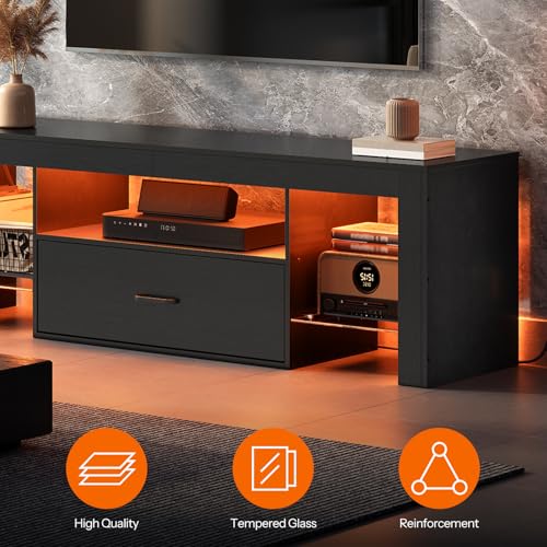 HOOBRO LED TV Stand with Power Outlets to 65 inch TV, Gaming Entertainment Center with Glass Shelves and Large Drawer, Modern Media TV Console Table for Living Room Bedroom, Black BB14UDDS01G1 - color: Black, size: 55.1 Inch