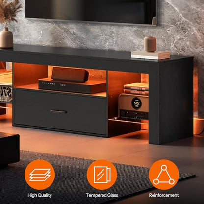 HOOBRO LED TV Stand with Power Outlets to 65 inch TV, Gaming Entertainment Center with Glass Shelves and Large Drawer, Modern Media TV Console Table for Living Room Bedroom, Black BB14UDDS01G1 - color: Black, size: 55.1 Inch