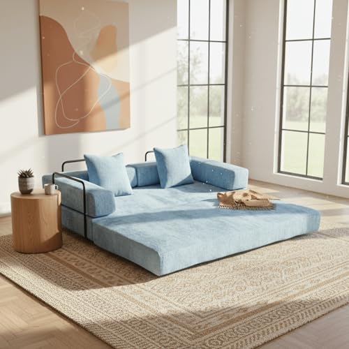 Alpen 77" Futon Couch Bed, 4-in-1 Convertible Sleeper Queen with L-Shaped Armrests, Floor Couch Beds, Lazy Sofa for Living Room Bedroom, Apartment, Light Blue - color: Blue-chenille