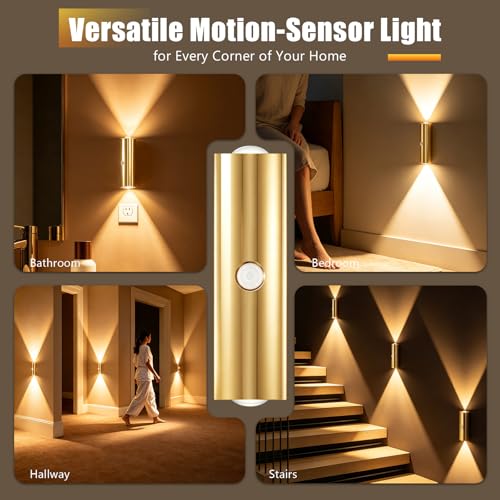 2 Pack Motion Sensor Wall Light, Rechargeable Wall Sconces | Wall Sconces Battery Operated with 3 Colors & Dimmable, Magnetic Wireless Wall Sconces for Stair Bedroom Hallway (Gold) - color: Glod