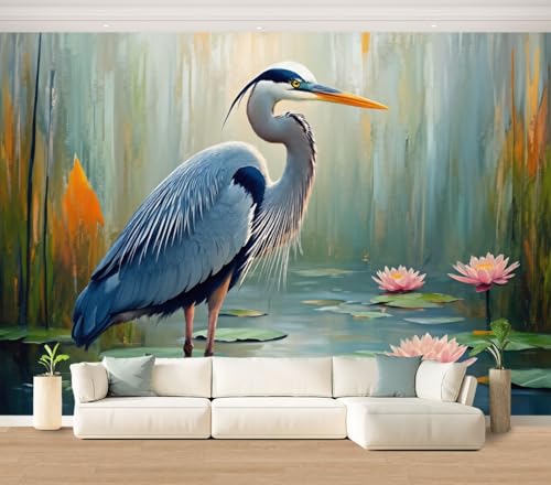 Wall Mural Abstract Blue Heron Wild Bird Vintage Wildlife Sea Egret Lotus Animals Peel & Stick Wallpaper Removable Self-Adhesive Large Wall Sticker Wall Decor for Bedroom Living Room Nursery 100"x144" - color: Multi5, size: 100"x144"