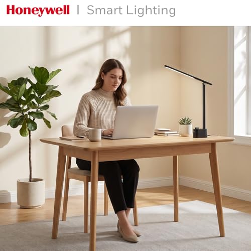 Honeywell LED Desk Lamp, Sunturalux™ Black Desk Lamps for Home Office USB | Foldable LED desk lamp with USB-C/A charger, RG0 eye-safe, CRI95, stepless dimming 10%-100%, 3 color temps (3000K-5000K) - color: Black