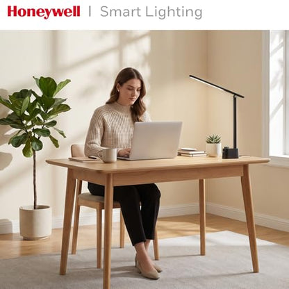 Honeywell LED Desk Lamp, Sunturalux™ Black Desk Lamps for Home Office USB | Foldable LED desk lamp with USB-C/A charger, RG0 eye-safe, CRI95, stepless dimming 10%-100%, 3 color temps (3000K-5000K) - color: Black