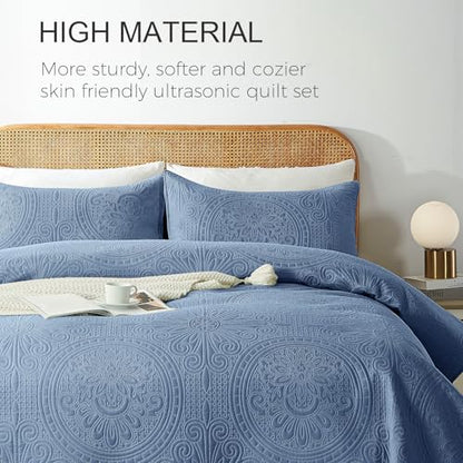 WURUIBO Twin Quilt Set Bluish Grey,Ultrasonic Embossed Bedspread, Lightweight Microfiber Coverlet, Modern Thin Bedding Set for All Season, 2 Piece(1 Quilt,1 Pillow Shams) - color: Bluish Grey, size: Twin(68"x88")
