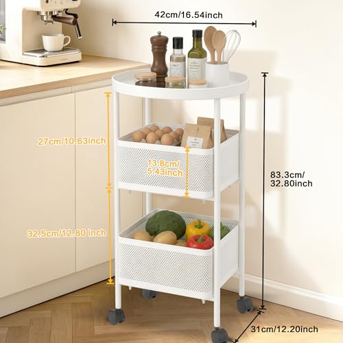 3 Tier Rolling Cart, Metal Utility Storage Carts with Wheels, Craft Cart Organizer, Mesh Basket for Bedside Kitchen Office Art, Milky White