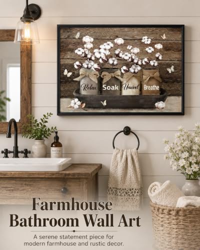 Framed Farmhouse Bathroom Wall Art Rustic Cotton Flower Bathroom Pictures Wall Decor Vintage Relax Soak Unwind Breathe Sign Painting Country Flower Bath Canvas Prints For Washroom Home 16x12 Inch - color: brown1, size: 12"L x 16"W