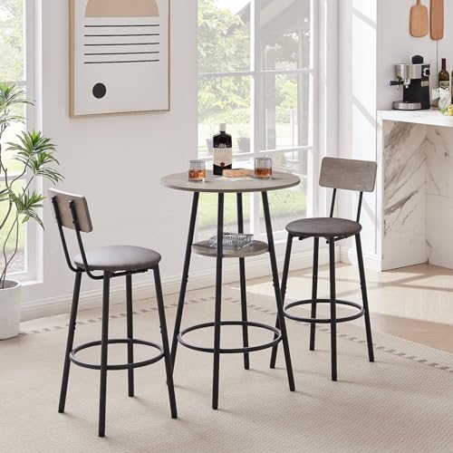 Spaco Bar Table Set for 2, Small Kitchen Dining Table Set with 2 PU Upholstered Stools, Counter Height Dining Table Set with Iron Frame for Kitchen,Small Space - color: Grey, size: 3 Piece-1 Round Table and 2 Round Stools