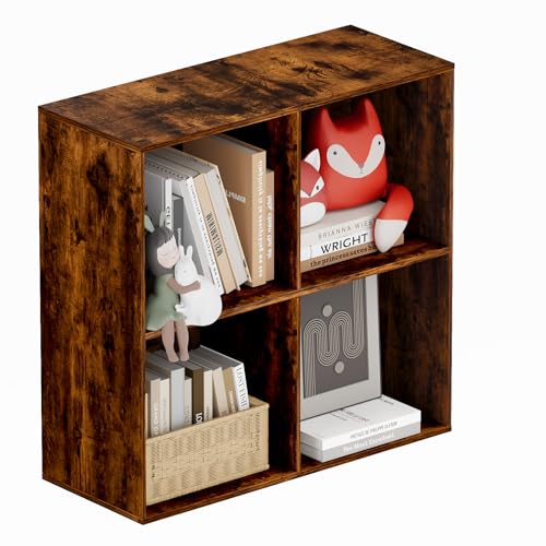 Book Shelf, Wooden Cube Storage Organizer with 11" Open Cubes, Stackable Bookcase for Room Divider Storage, 2 Tier Bookshelf for Living Room, Bedroom, Office (Indonesian Antique Oak, 4-Cube) - color: Indonesian Antique Oak, size: 4-Cube